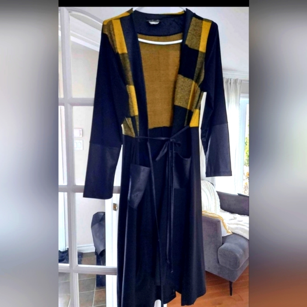 NWOT Chic Marallis Black and Yellow Plaid Open Cardigan